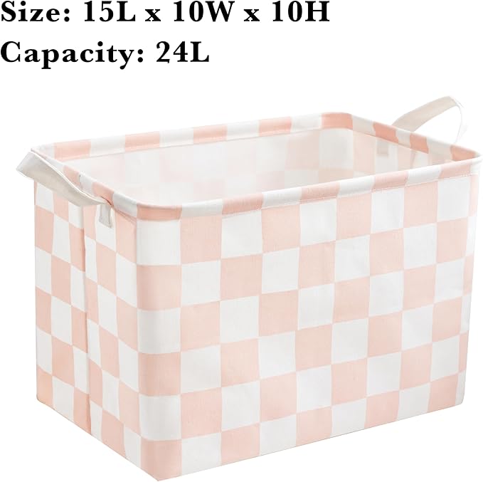 Ohocut Pink White Checkered Canvas Basket, Rectangular Organizing Decorative Storage Basket for Kids Girls Dog Cat Toy, Cute Aesthetic Checkered Room Decor for Home, Bedroom, Classroom, Shelves