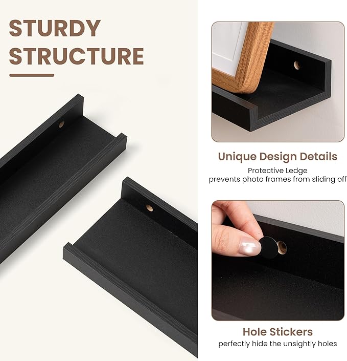 Fun Memories Picture Ledge Shelf, Black Floating Shelves Set of 4, 24 Inch Picture Shelves for Wall with Ledge, Large Nursery Book Shelf for Toys Storage, Living Room, Bedroom Decor Frames