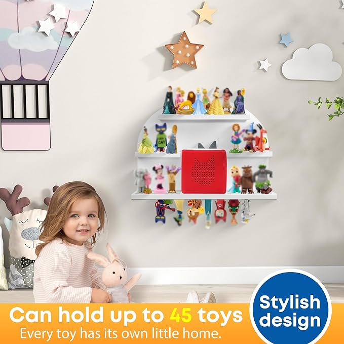 For Tonies Figures Shelf Magnetic,for Tonie box Wall Shelves,for Tonies Characters Organizer,Audio Toy Storage (Holds 45 Figurine),Compatible Charging Station for Kid's Room,Pine,Arch,Large (White)