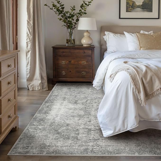 Rugxara 4x6 Area Rugs for Living Room Bedroom, Large Washable Rug, Grey Vintage Abstract Boho Rug, Non Slip & Low Pile Wool Carpet for Indoor Dining Room, Farmhouse, Kids Room and Office(Grey 4x6ft)