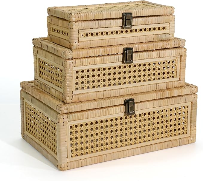 Boho Rattan Display Boxes with Rattan Lids, 3 Pcs Large Natural Handwoven Cane Basket, Home Decor Organizers Storage Bins, Natural Finish Display Boxes
