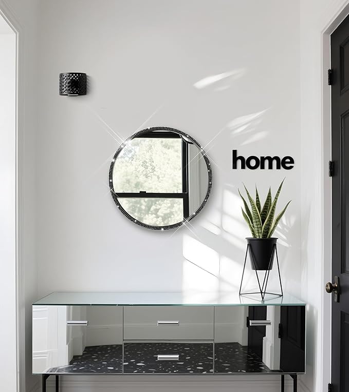 Crystal Diamond Wall Mounted Mirror Black Makeup Mirror 12inch Round Bing Mirror for Bedroom Real Glass Mirror for Wall Decor