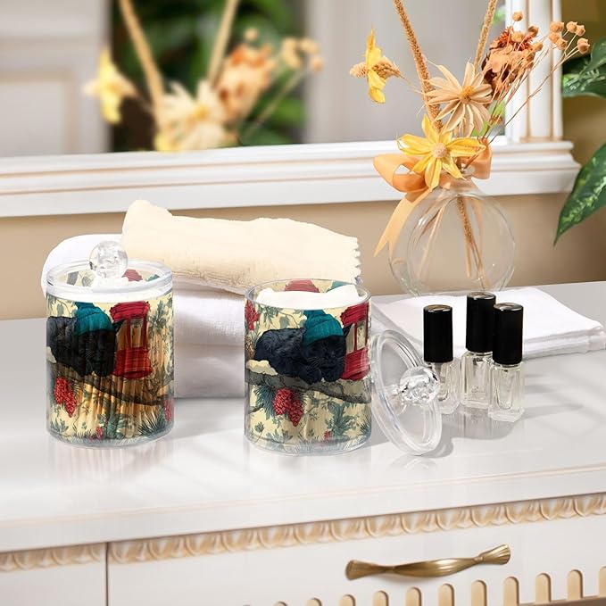 2 Pack Apothecary Jars Overly Cute Vintage Birds Bathroom Vanity Storage Organizer Set,Small Clear Plastic Storage Jars Bathroom Canister for Cotton Swabs, Rounds, Balls, Qtips,Makeup Sponges,