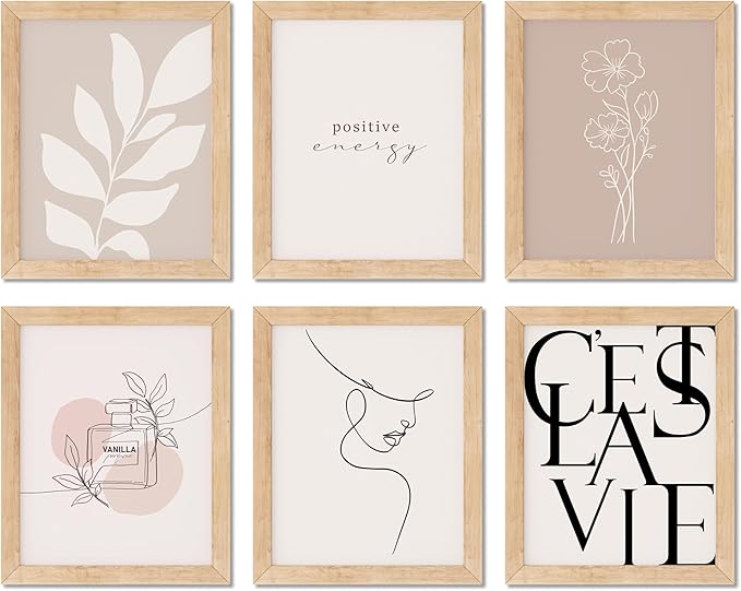 TwoDays Vanilla Girls Room Decor, Clean Girl Aesthetic Wall Art, Boho Beige Posters for Bedroom, Minimalist Cream Prints, Abstract Brown Pictures for Woman. (Set of 6, 10L x 8W, Framed)
