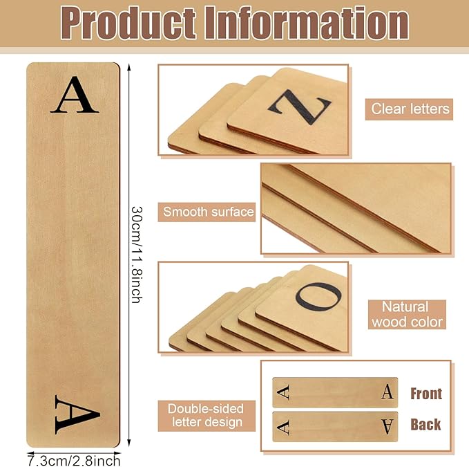 26 Pcs Library Alphabet Book Dividers Wooden Vinyl Record Dividers Organizer Separators 26 Alphabetical A-z Dividers Bookshelf Markers for Shelves Cds, Albums, Books(Wood Color)