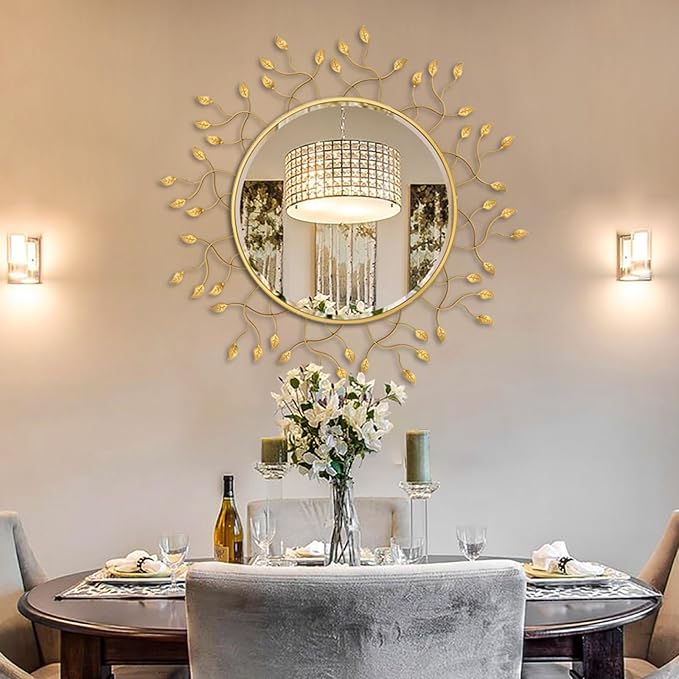 Chende 39" x 39" Gold Decorative Wall Mirror, Large Round Mirror with Metal Leaves, Gold Frame for Living Room, Entrance, Dining Room, Bedroom