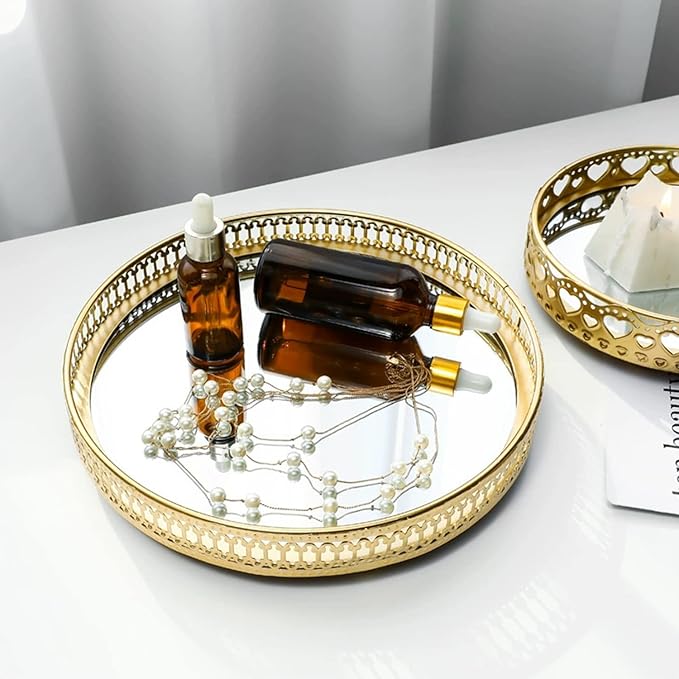 9.8×1.7in Round Decorative Mirror Tray American Style Makeup Organizer Jewelry Organizer Serving Tray with Decorative Geometric Shape Side for Whiskey Decanter, Vanity Set, Perfume Tray
