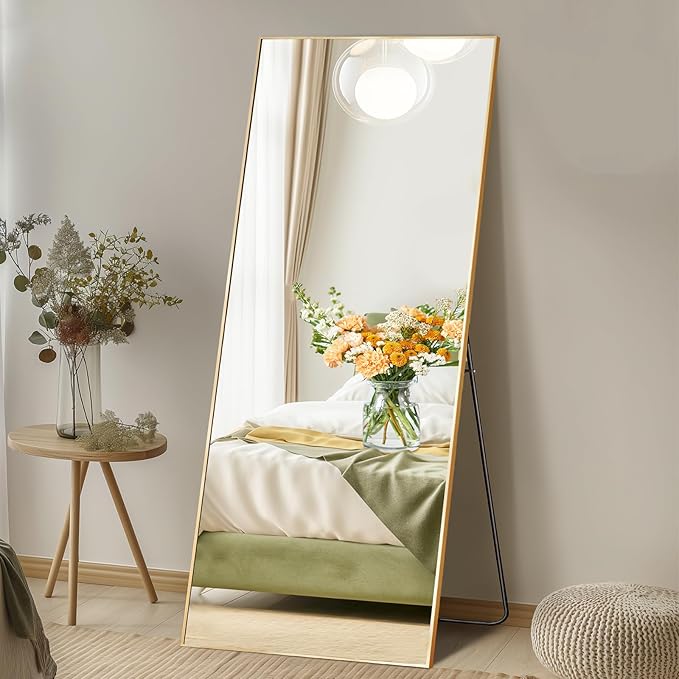 DUMOS 21"x56" Full Length Mirror with Stand, Floor Standing Aluminum Frame, Shatter-Proof Nano Glass for Bedroom, Living Room, Cloakroom – Modern Simple Home Decor,Can Be Hanging or Leaning, Gold