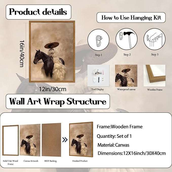 Framed Western Cowgirl Wall Art, Fashion Black Girl Riding Horse Canvas Wall Decor Painting, Black Woman African American Bride Pictures Prints Aesthetic Home Decor for Living Room Bedroom 12x16 inch