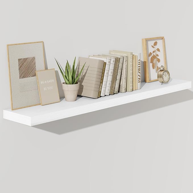 Fun Memories 55 Inch Floating Shelves for Wall, Fireplace Mantel Shelf with Invisible Heavy Duty Bracket, 8 Inch Deep Storage Shelf for Living Room, Kitchen, Farmhouse, White