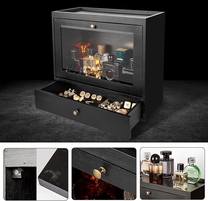 Wooden Cologne Organiser with Acrylic Display & Drawer,Vanity Storage Rack for Perfumes,Jewellery & Cosmetics,Cologne Display Stand for Men & Women,Bedroom and Bathroom Vanity Storage Black