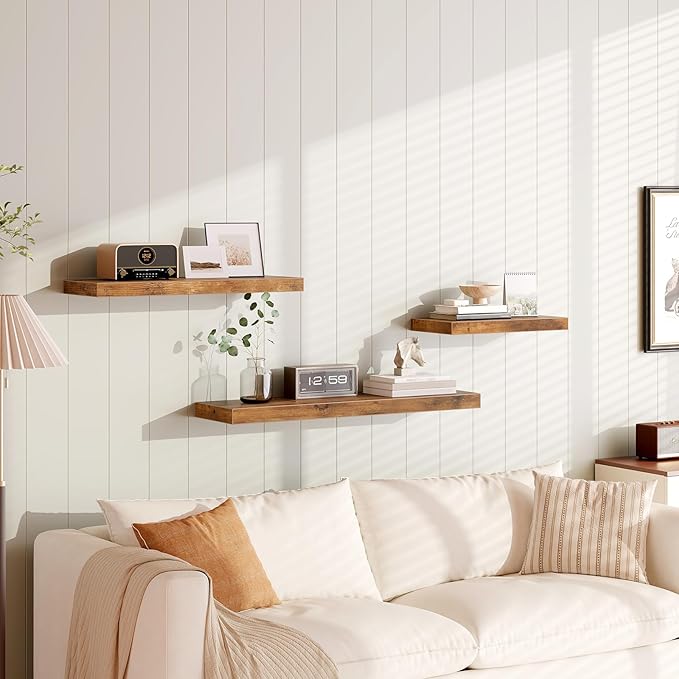 RALGEND Floating Shelves for Wall, 23.6“ Long Wall Shelf Set of 4 with Invisible Brackets, 1.5" Thick Hanging Shelves Farmhouse Home Decor for Bathroom, Living Room, Bedroom, Rustic Brown 6301BJP4BF