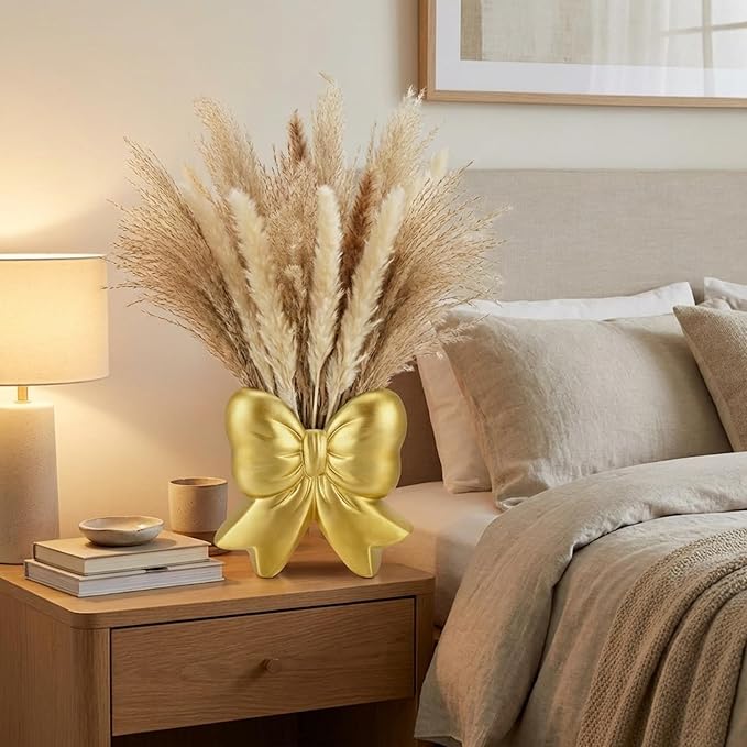 Jingmore Gold Bow Vase Coquette Ceramic Vase Pen Holder Makeup Brush Holder Contemporary Design Women Decorative Gift for Wedding Home Office Shelf Table Room(Small, Classic)