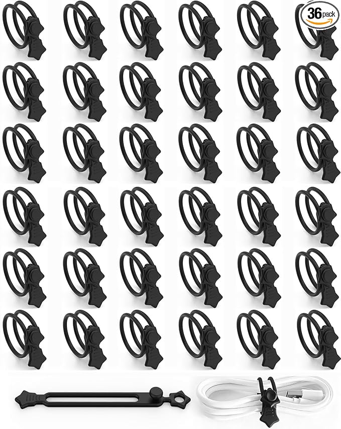 Quick Bind–Silicone Cable Ties Reusable, Cord Organizer for Charging Cables, Data Cables & Computer Wires, Multipurpose Elastic Cable Management Straps for Home,Office,Travel (36pcs,Black)