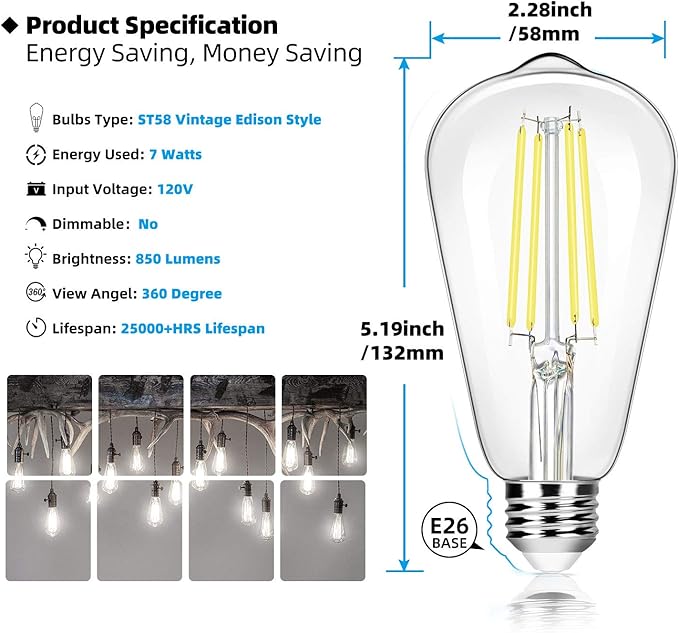 12-Pack Vintage 7W ST58 LED Edison Light Bulbs 60W Equivalent, 850Lumens, 5000K Daylight White, E26 Base LED Filament Bulbs, CRI90+, Antique Glass Style Great for Home, Bedroom, Office, Non-Dimmable