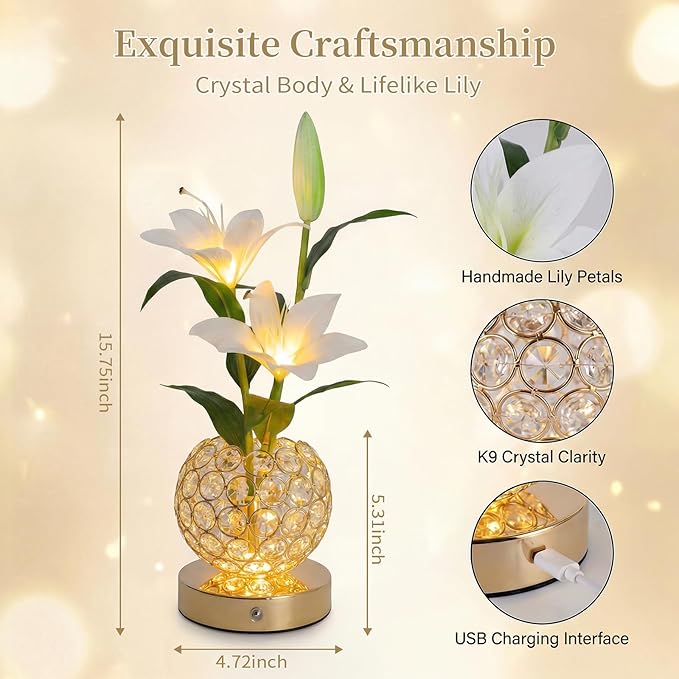 Stargazer Lily Flowers Table Lamp, Rechargeable Cordless Touch Crystal Lamp with 3 Color Modes, Easter Lily Night Light for Bedroom Kitchen Office Decor, Birthday Mothers Day Gifts for Women Mom