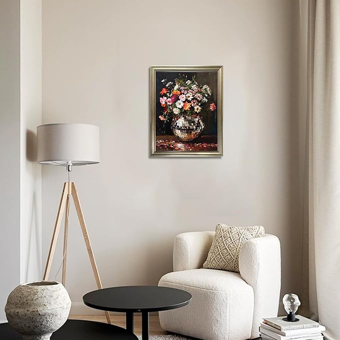 Disco Ball Wall Decor, Retro Eclectic Wall Art, Vintage Framed Colorful Moody Florals Painting, Maximalist Funky Flowers Bouquet Print Artwork