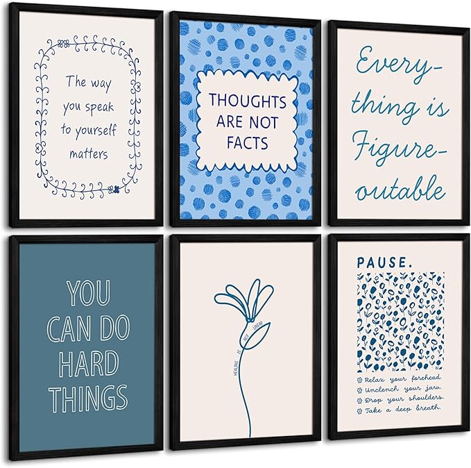 Mental Health Wall Decor Therapy Office Canvas Wall Art Posters Blue Boho Motivational Picture Psychology Artwork Inspirational Positive Quotes Prints for Counseling Office 12x16 Inch Wood Framed 6Pcs