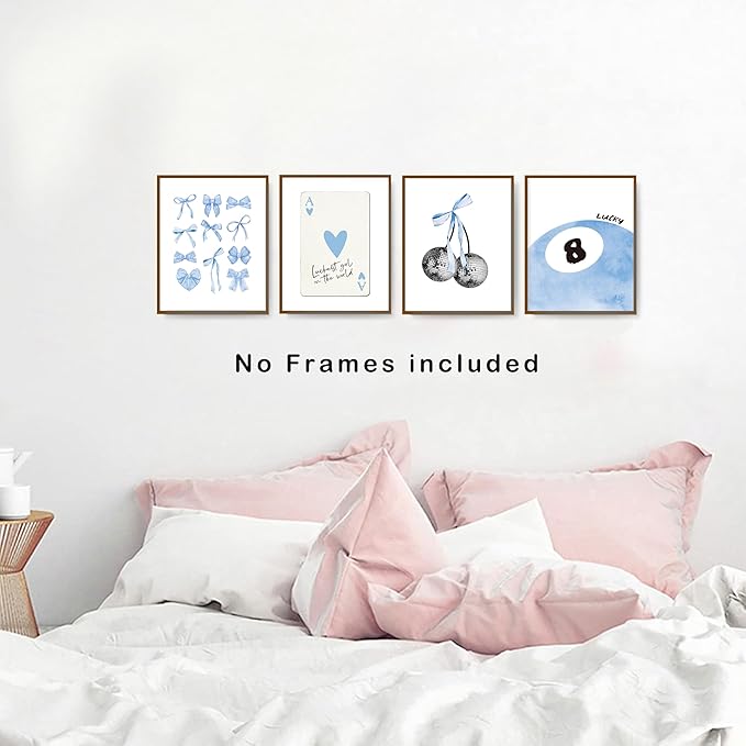 okaxscm Light Blue Coquette Trendy Preppy Wall Art Prints Set of 4, Coquette Preppy Room Decor, Blue Bow Disco 8 Ball Cherry Wall Decor Posters for Girls Bedroom Dorm, 8x10 Unframed
