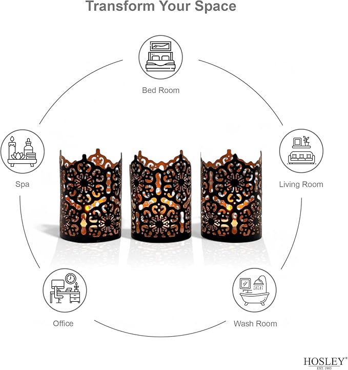 Hosley Set of 3 Black Finish Metal Candle Holders 4 Inch High Lattice Cut Lanterns for Coordinated Elegance and Enchanting Illumination Elevate Your Decor