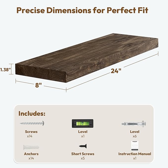 Vivelove Elm Floating Shelves for Wall Solid Wood, 24 Inches Long Rustic Wall Shelf With Invisible Bracket for Living Room Bedroom Bathroom Office Book, Farmhouse Display Shelf, Set of 2 - Dark Walnut