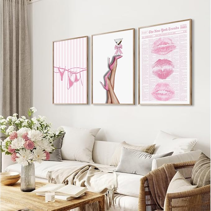 Pink Coquette Wall Art Decor Trendy Aesthetic Posters Preppy Funky Y2k Canvas Wall Art Decor Bow Girly Room Pictures Coquette Bikini Lips Prints Pink Artwork for Dorm Bedroom 12x16x3 Inch Unframed