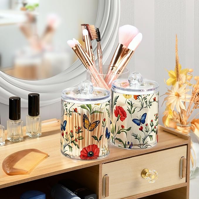 2 Pack Qtip Holder Dispenser for Cotton Ball Butterfly Tulip Wildflower Swab Round Pads Clear Plastic Acrylic Jar Set Bathroom Canister