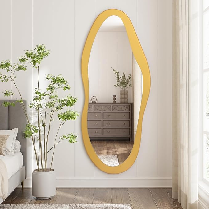 AAZZKANG Gold Irregular Full Length Mirror with Wood Framed Large 47"x20" Asymmetrical Full Body Mirrors for Bedroom Living Room Entryway