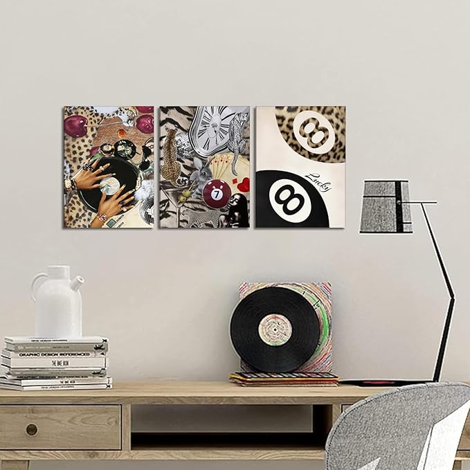 Fashion Cheetah Wall Art Set of 3 Leopard Wall Decor Pictures Lucky 8 Ball Poster Canvas Painting Prints Dark Red Cheetah Artwork for Bedroom Living Room Framed 16x24 inch