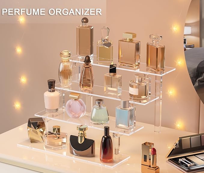 Kcrystenia Perfume Organizer Stand, 4 Tier Display Riser Shelf Compatible with Funko POPs Amiibo Nendoroids, Clear Acrylic Risers Display Stand, Lotion Holder Cupcake Shelf Shot Glass