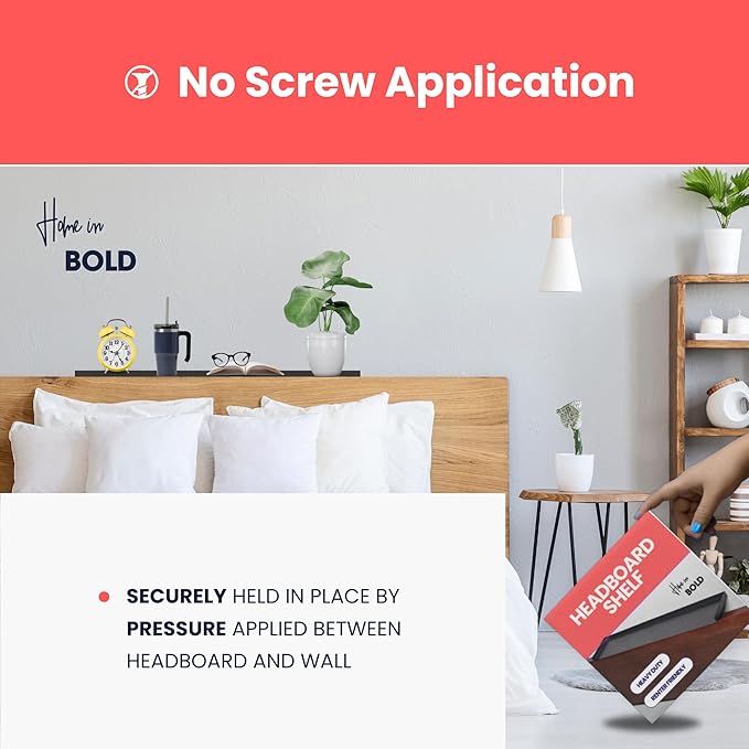 Home in Bold No-Screws Bed Headboard Shelf Attachment (Only for Straight headboards) - Metal Twin, King, Queen - Renter Friendly Over Storage for Bed - Dorm Headboard Shelf King Queen