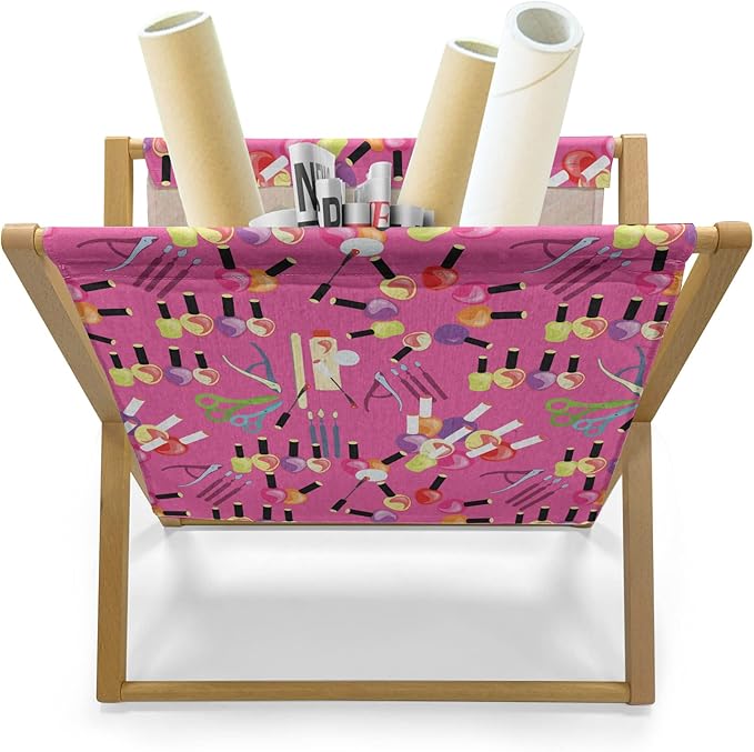 Lunarable Makeup Magazine and Book Holder, Beauty Cosmetic Products with Nail Polish Manicure Set Care for Hands Feminine Theme, Decorative Floor Rack Organizer for Living Room, 22"x19", Multicolor