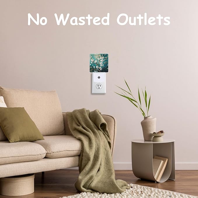 Night Light,Blossoming Almond Tree Oil Painting Plug-in Night Light Auto Dusk-to-Dawn Sensor Energy Efficient LED Lamp for Room Decor,Hallway,Kitchen,Bathroom,Nursery,Stairs
