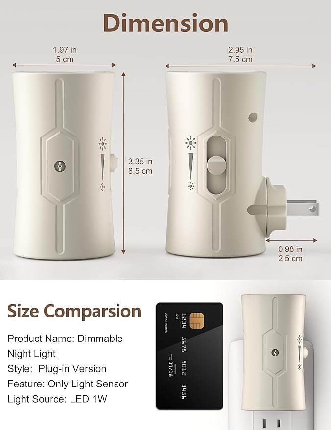 fesnne Night Light, LED Night Lights Plug into Wall, [2 Pack] Warm White 3000K, 0-100LM Adjustable Brightness Light Sensor Nightlights Plug in wall for Hallway, Bathroom, Adults, Neutral Beige