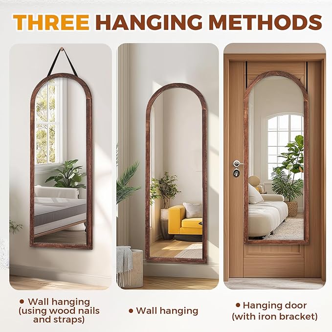 16"x48" Arched Full Length Mirror Solid Wood Wall Mirror with Hanging Strap for Living Room Bathroom Bedroom Entryway - Brown
