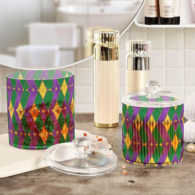Mardi Gras Purple Green Yellow Diamonds Clear Plastic Makeup Organizer Storage with lid Office Essentials Decorative Dental floss storage jar for Cotton Swabs,Cotton Pads,Floss Picks,Paper