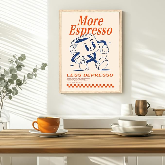 Cyebmo Funny Coffee Wall Art, Vintage Cafe Kitchen Wall Decor, More Espresso Less Depresso Art Prints, Beige Dorm Poster Print for Home Office Coffee Bar Kitchen, Wood Framed Ready to Hang 16x24 Inch