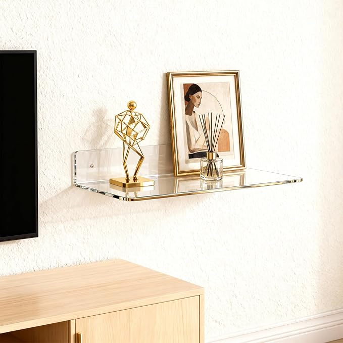 Haploon 4 Pcs 12 Inch Clear Acrylic Floating Shelves Wall Mounted Shelves Invisible, L-Shaped Acrylic Shelf Clear Floating Shelf for Wall Storage, Makeup Plant Photo Book Display