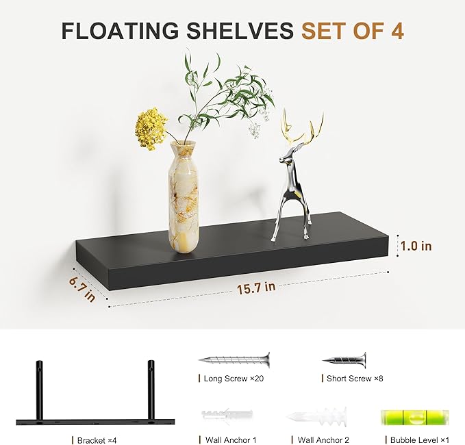 Bellsal Floating Shelves for Wall, Black Engineered Wood Wall Shelf Set of 4, 16" Walls Mounted Floating Shelf for Kitchen, Living Room, Bedroom, Bathroom Storage, Book Shelf for Home Decor