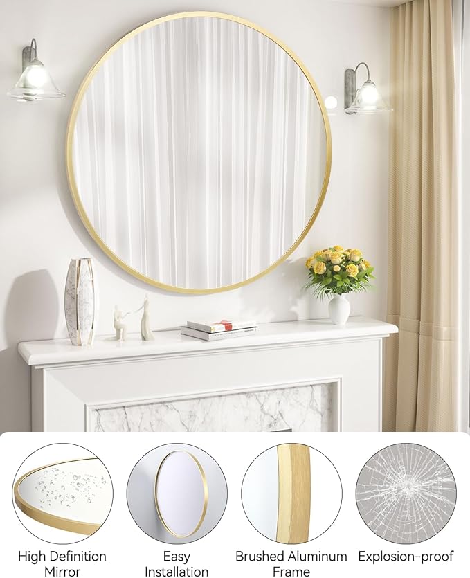 Hipicute Circle Mirror, 24 Inch Gold Round Wall Mirror, Metal Framed Modern Decorative Items for Entryway, Living Room, Bathroom, Dining Room & Hallway,Gold