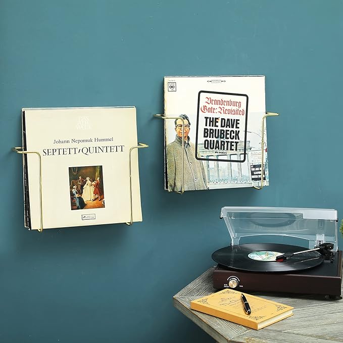 MyGift Modern Metal Wire Wall Mounted Vinyl Records Storage Racks, Hanging LP Record Holders, Floating Album Cover Display Shelves, Set of 2 (Brass-2 Pcs)