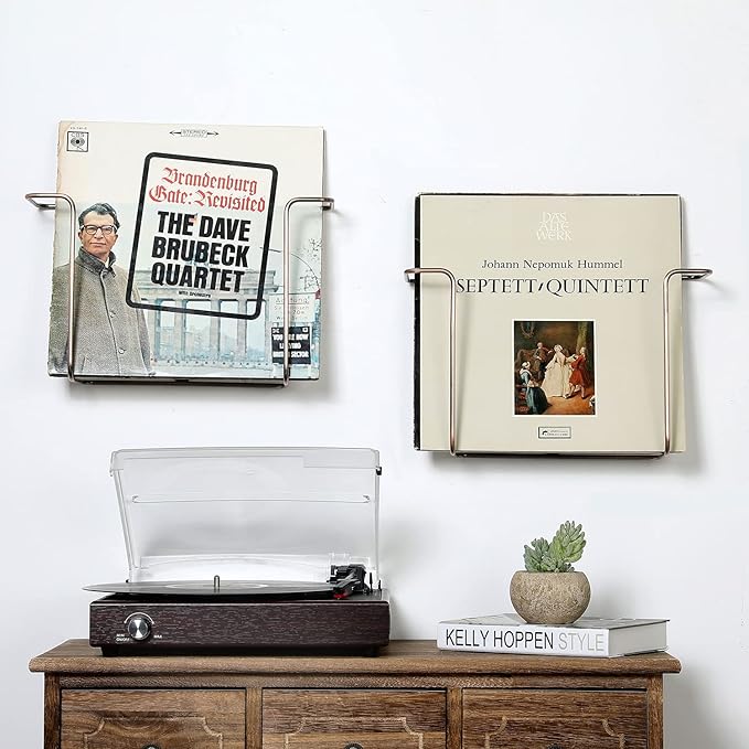 MyGift Modern Metal Wire Wall Mounted Vinyl Records Storage Racks, Hanging LP Record Holders, Floating Album Cover Display Shelves, Set of 2 (Vintage Copper-2 Pcs)