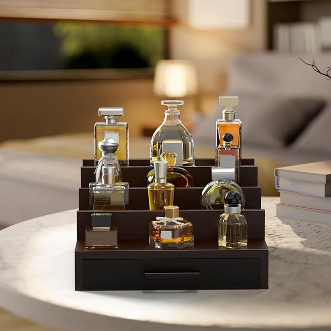 Sunexinlo 4 Tier Cologne Organizer for Men, Black Walnut Wooden Perfume Display Stand with Drawer Divider Dual Hidden Storage Compartments, Shelf for Cologne Watch Jewelry Skincare Grooming, Ideal Birthday Gift for Men and Fathers