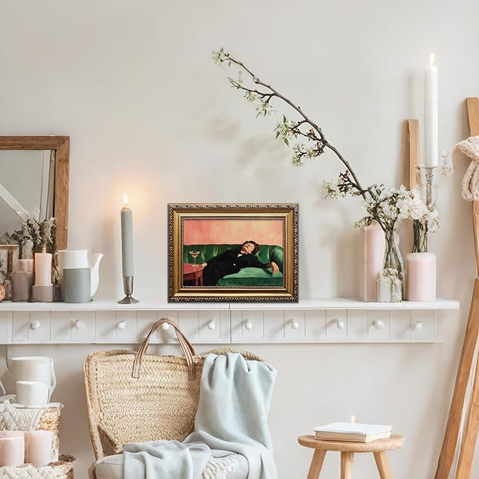 KBKBART Vintage Gold Framed Wall Art, Moody Wall Decor, Funky Victorian Woman on Couch with Martini Picture Canvas Paintings Artist for Bedroom Living Room Home Office Bathroom Decor 9x12Inch