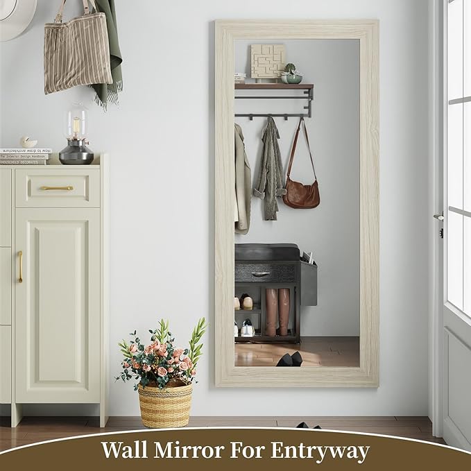 Syndra Modern Full Length Mirror Wood Frame, 65x24'' Large Floor Mirror with HD Tempered Glass & Wall Mount Option, Rectangular Standing Mirror for Bedroom, Living Room, Entryway, Farmhouse(White Oak)
