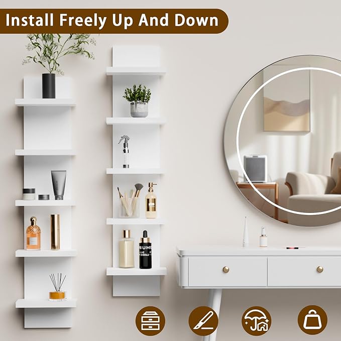 5 Tier Wall Shelves White, Vertical Column Shelf Floating Storage Home Decor Organizer Tall Tower Design Utility Shelving for Bedroom Living Room