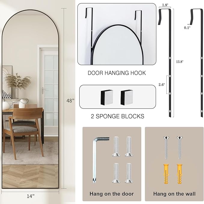 Arched Full Length Door Mirror 14x48, Metal Frame with Protective Film, No-Drilling Hanging or Wall Mount, Hooks & Hardware Included, Full Body Mirror for Bedroom, Dorm, White