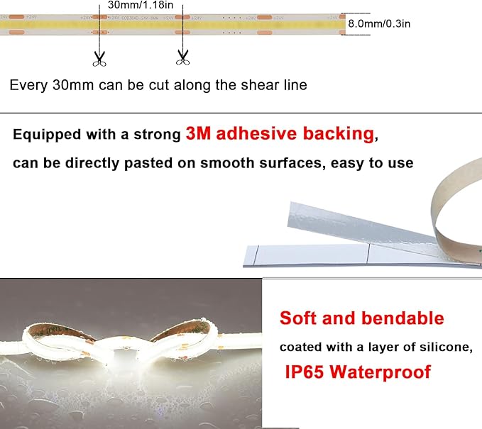 TOPAI 24V COB LED Strip 32.8ft Daylight White 5000K Outdoor Waterproof Super Bright CRI>93 Self Adhesive Uniform Dotless 384LEDs/M Cuttable Flexible for Cabinet Home Office DIY Lighting
