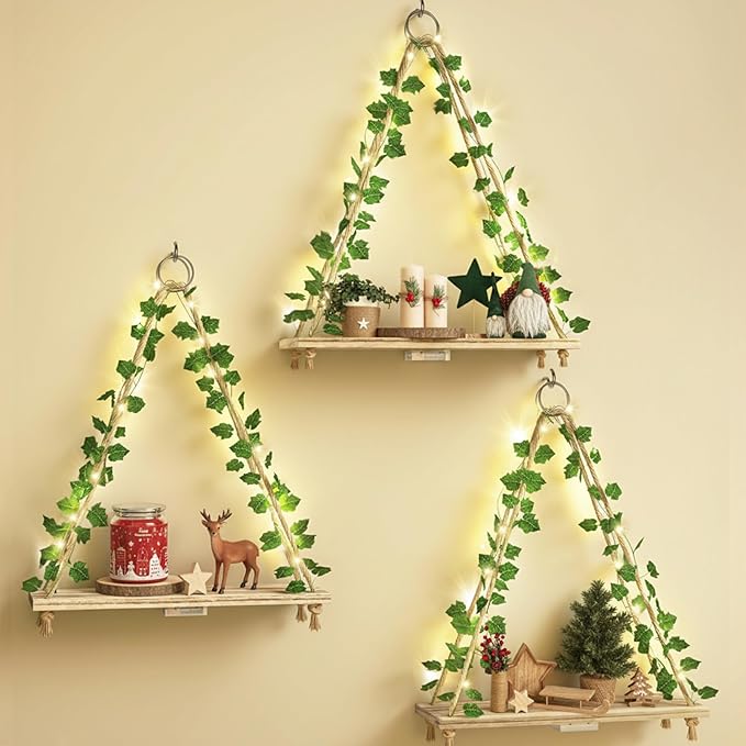 Fixwal Artificial Ivy LED-Strip Floating Shelves Set of 3, Macrame Hanging Shelves Plant Wall Decor, Rustic Boho Wood Wall Storage Shelves for Bedroom, Living Room, Bathroom Decor (Rustic Brown)