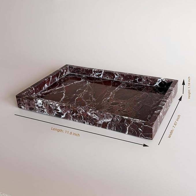 Natural Marble Vanity Tray, Cosmetics Towel Tray for Dresser Bathroom Kitchen (Rosa Levanto, 11.8L x 7.87W x 1.18H)